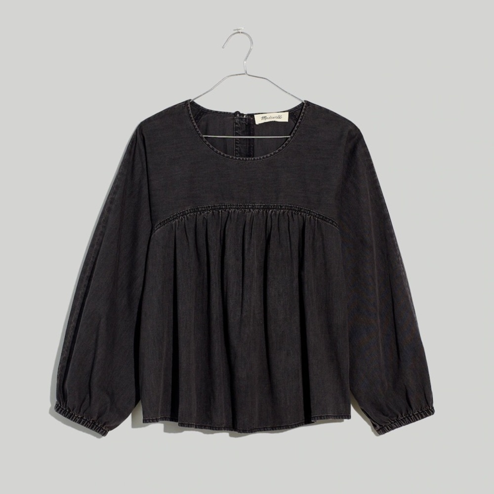 Madewell | Denim Chambray Shirred Swing Shirt in Lunar Wash Distressed Black xxs